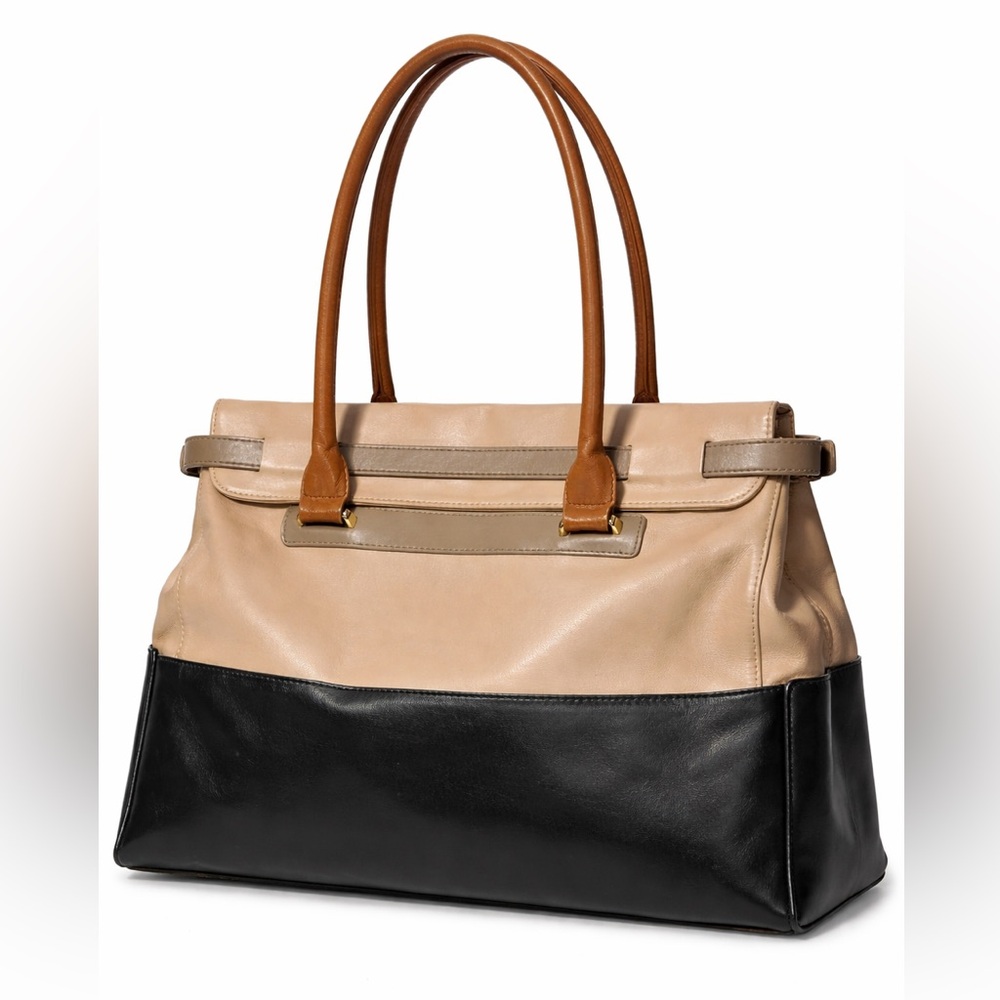 Carlo Pazolini Black and Beige Leather Bag gold Interior magnet Vintage Rare